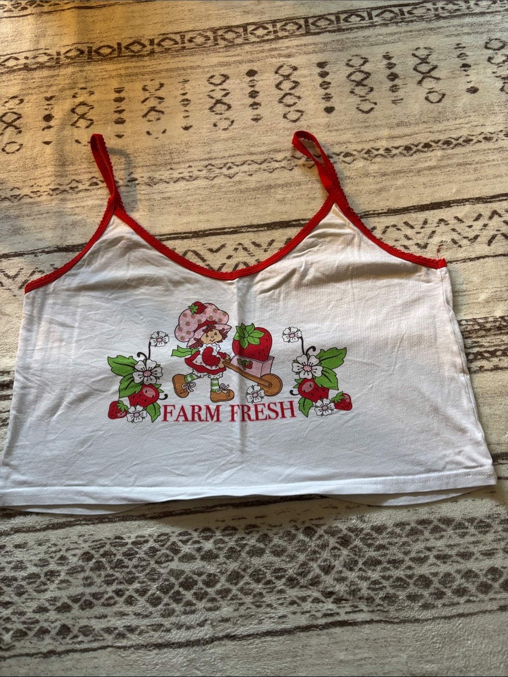 Women’s White Crop Cami with Red Trim and Strawberry Graphic
